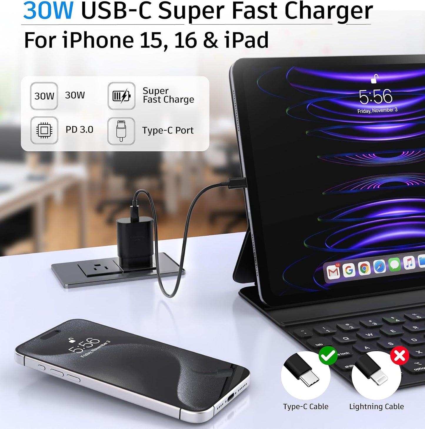 Phone 15 16 Charger, 30W Super Fast Charging, USB C Block Type C Cable Cord [ 6.6ft+10ft ] for iPhone iPhone 16,16 Plus,16 Pro,16 Pro Max, iPhone15, iPad Pro 12.9/11, Galaxy S24,S23,S22,S21-2Pack