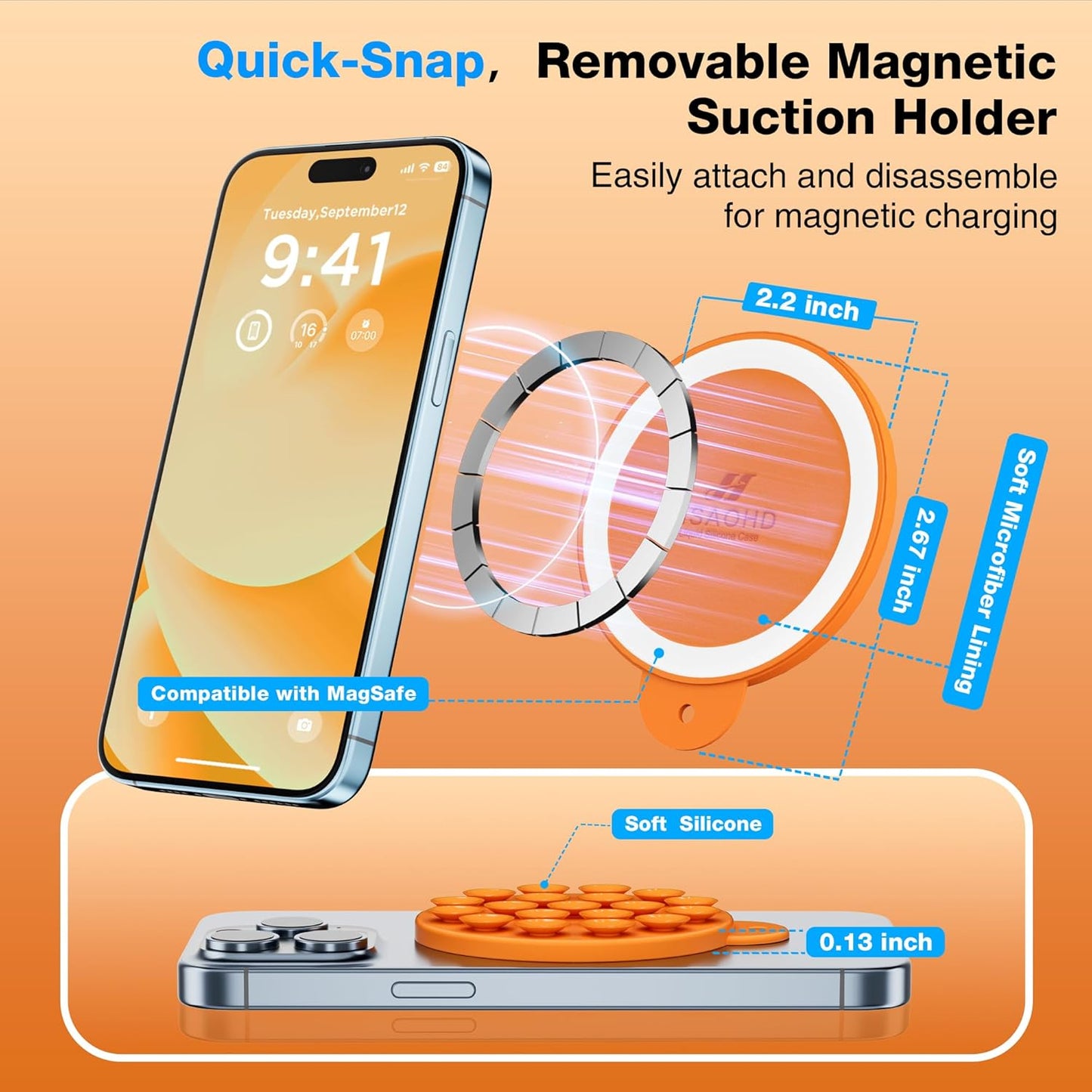 Magnetic Suction Cup Phone Mount for MagSafe Case, Silicone Hands-Free Grip Holder for iPhone and Android, Mirror Shower Phone Stand for Makeup FaceTime Gym Kitchen Bathroom, Orange