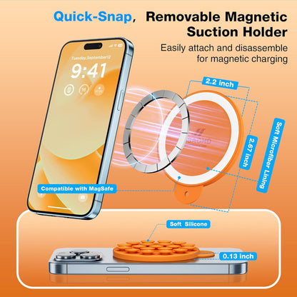 Magnetic Suction Cup Phone Mount for MagSafe Case, Silicone Hands-Free Grip Holder for iPhone and Android, Mirror Shower Phone Stand for Makeup FaceTime Gym Kitchen Bathroom, Orange