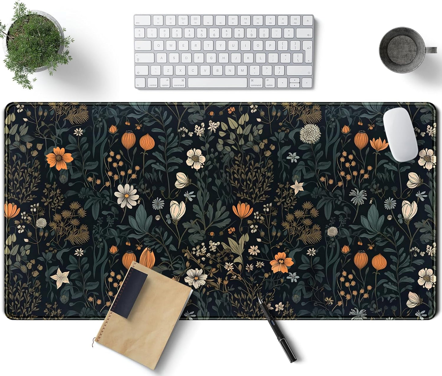Cute Dark Floral Desk Mat Vintage Flowers Plant Mouse Pad XXL Large Extended Gaming Mousepad Women Office Decor Desk Pad, Big Laptop Computer Keyboard and Mouse Mat with Stitched Edges, 31.5x15.7 in