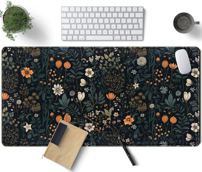Cute Dark Floral Desk Mat Vintage Flowers Plant Mouse Pad XXL Large Extended Gaming Mousepad Women Office Decor Desk Pad, Big Laptop Computer Keyboard and Mouse Mat with Stitched Edges, 31.5x15.7 in