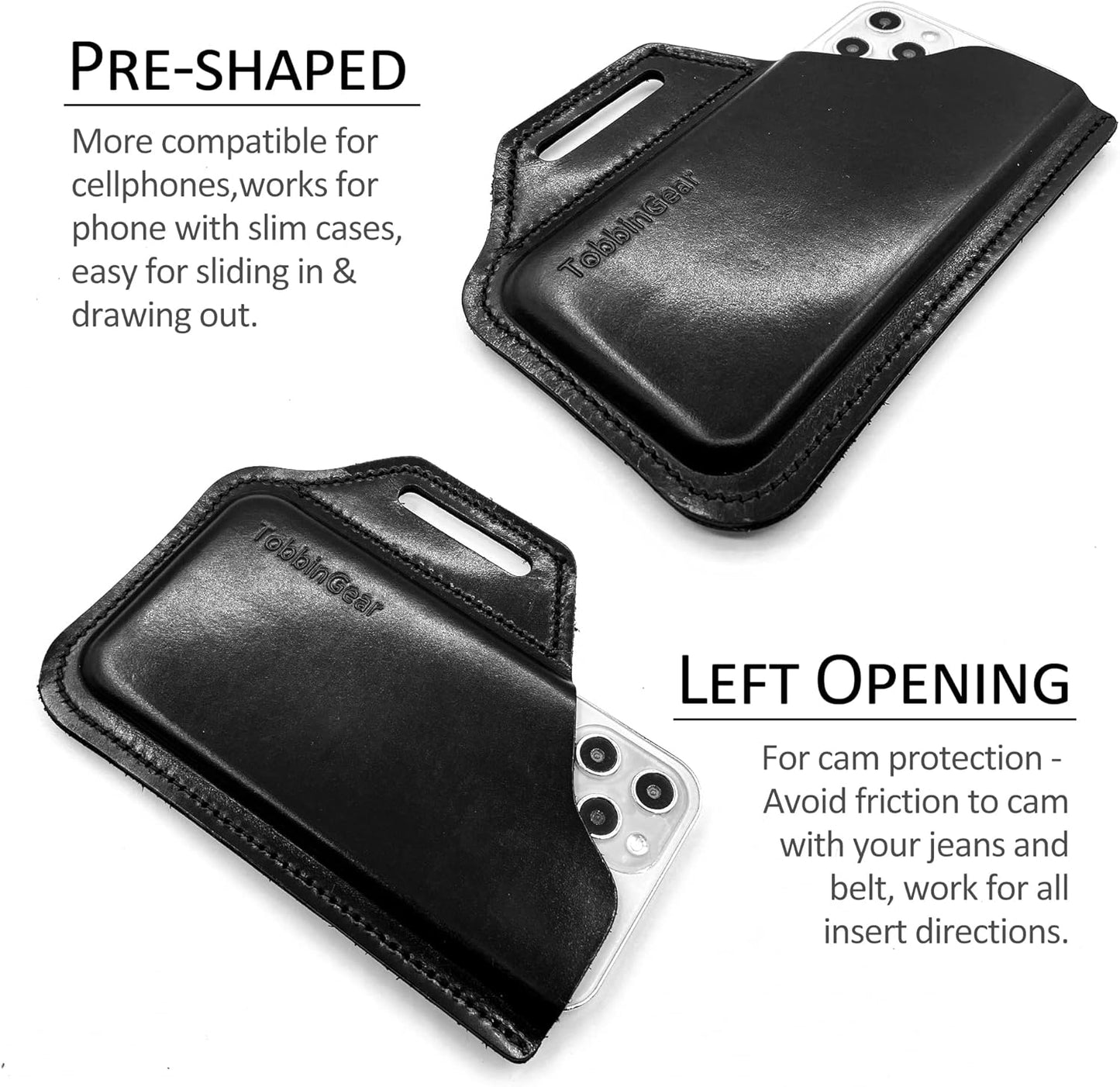 TobbinGear Leather Belt Phone Pouch, Leather Cell Phone Holster, Universal Phone Case with Belt Loops, for Men and Women Large Black