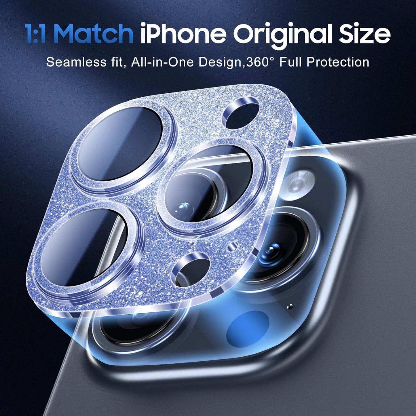 UniqueMe for 3 Pack iPhone 15 Pro/iPhone 15 Pro Max Camera Lens Protector, [Drop Protection] [Case Friendly] Camera Cover Screen [Update New Version] - Intergrated Glitter Blue