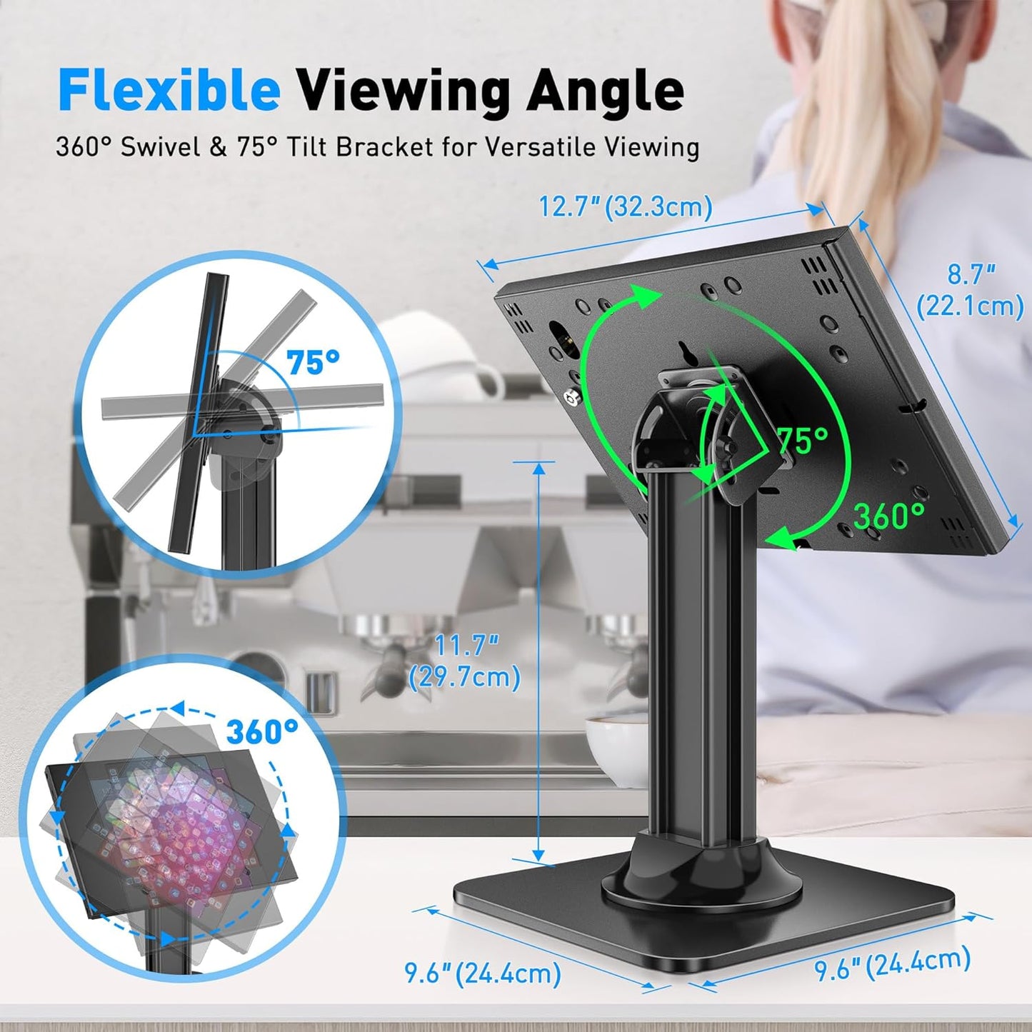 AboveTEK Anti-Theft iPad Kiosk Stand – POS iPad Security Stand & Locking Tablet Stand – Heavy Duty Base, 360° Swivel, 75° Tilt Bracket – Perfect for Retail Business (Black)