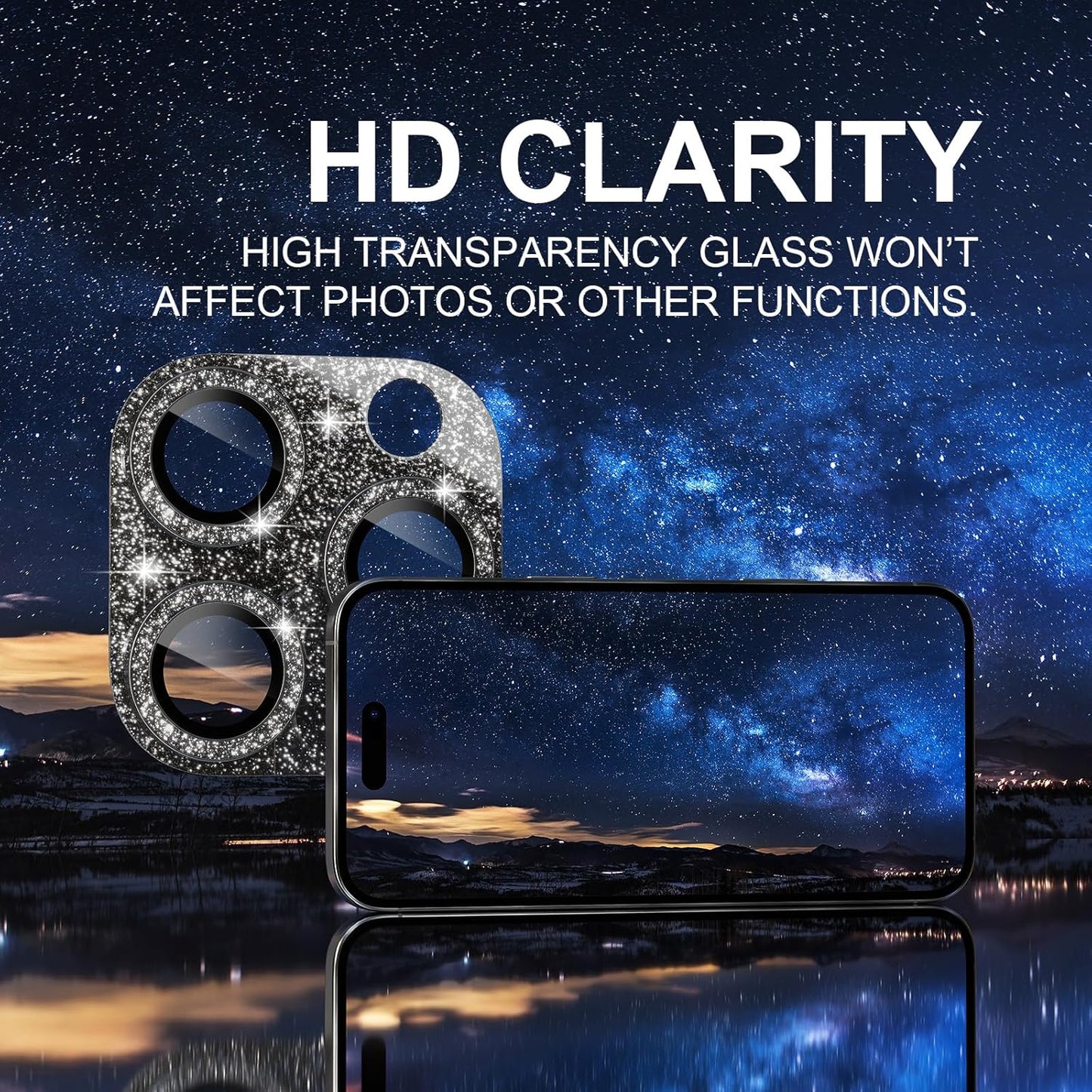 Choiche Compatible for iPhone 16 Pro/iPhone 16 Pro Max Camera Lens Protector, Bling Camera Cover with 9H Tempered Glass Lens Screen Protector Metal Ring Decoration Accessories (Glitter-Black)