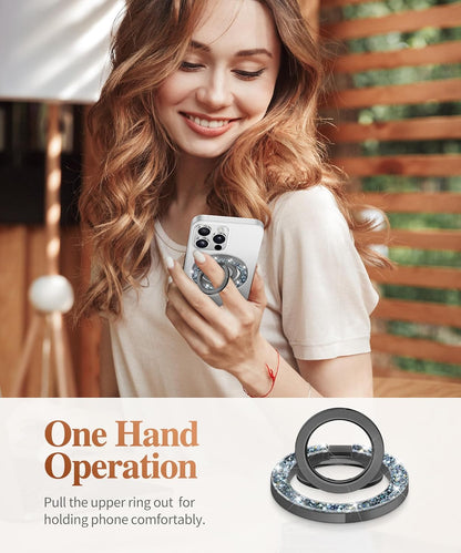 GVIEWIN Magnetic Phone Ring Holder, Compatible with MagSafe Phone Grip with Adjustable Stand, Magnet Phone Ring Kickstand for iPhone 16 Pro Max/Plus/15/14/13/12 Series/Other Phones (Glitter/Black)