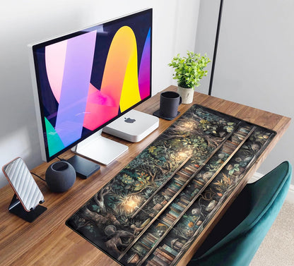 Forest Library Book Mouse Pad Desk Mat, Mystical Green Tree House XXL Extended Large Gaming Desk Pad Mousepad Computer Laptop Keyboard and Mouse Mat, Office Desk Decor Pad for Women 31.5x15.7 in