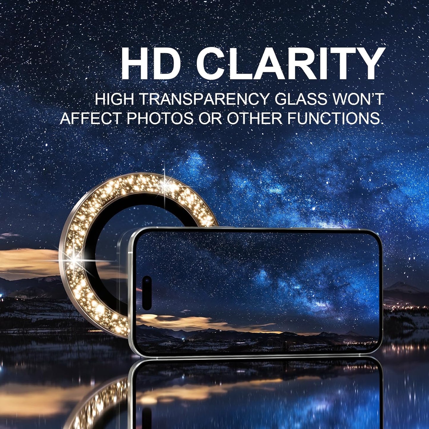 Choiche Compatible for iPhone 16 Pro/iPhone 16 Pro Max Camera Lens Protector Bling, 9H Tempered Glass Camera Cover Screen Protector Metal Ring Decoration Accessories (Glitter-Gold)
