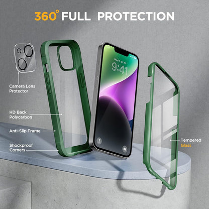 Miracase Glass Series Designed for iPhone 14 Plus Case 6.7 inch, 2023 Upgrade Full-Body Clear Bumper Case with Built-in 9H Tempered Glass Screen Protector and Camera Lens Protector,Green