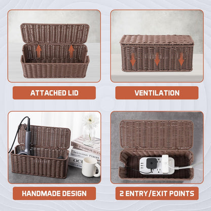 Cable Management Box, Handmade Rattan Cable Organizer, 2 Open Slots Cords Hider Box, Under Desk Cord Organizer for Computer Router USB Hub & Power Strip, Patent Pending, 13" x 5.1" x 5.1", Brown
