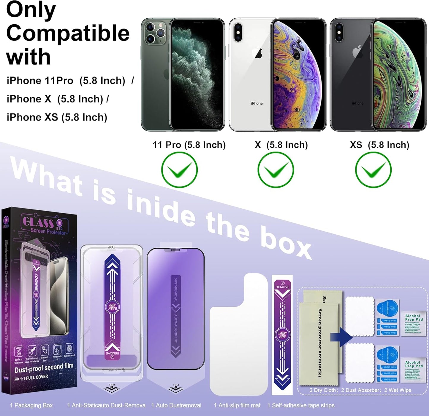 2 Pack Anti Blue Light Matte Screen Protector for iPhone 11 Pro and iPhone xs and iPhone x 5.8-Inch Auto Dust Removal, No Bubbles, Tempered Glass Film, Easy Installation