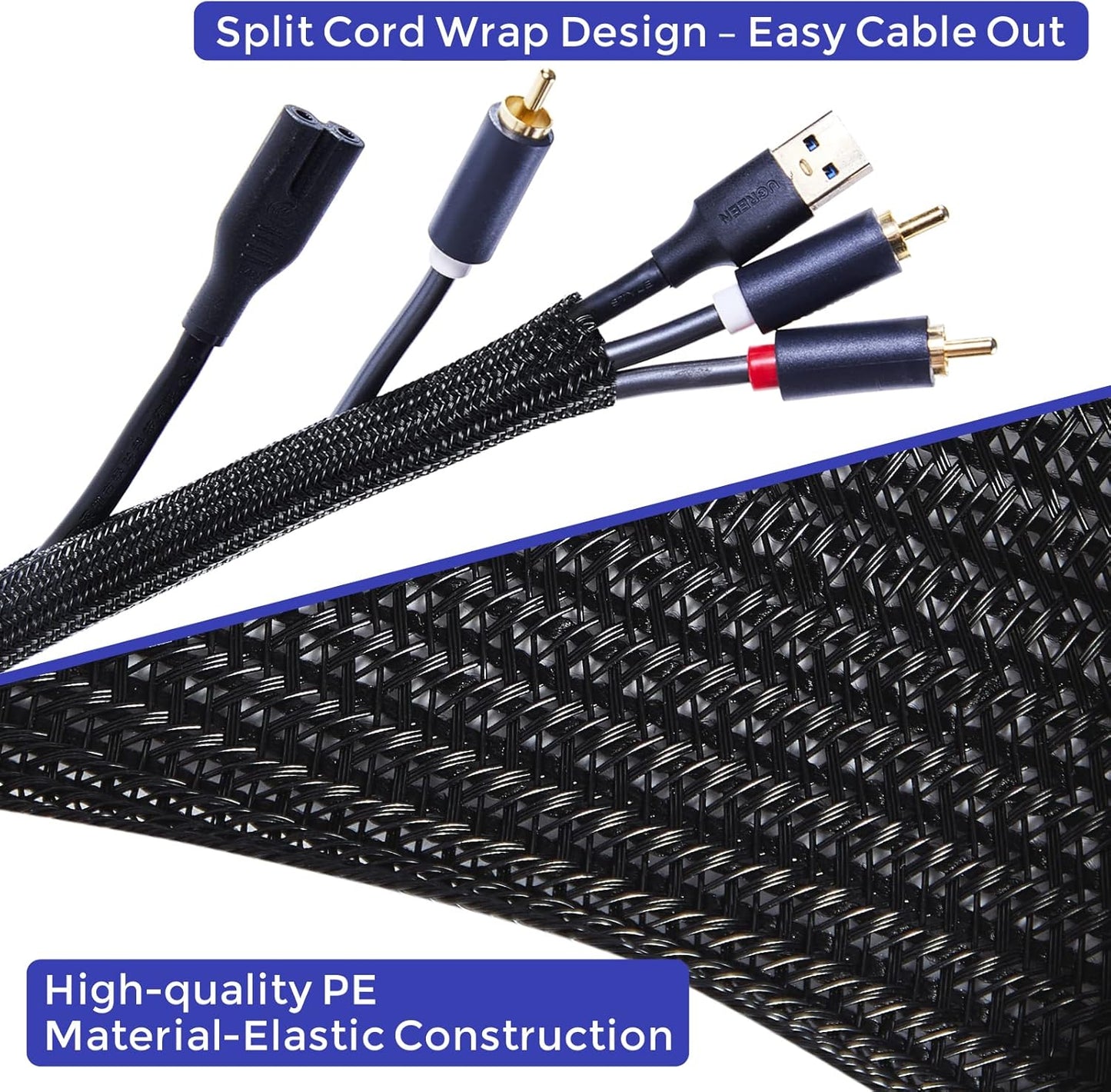 Cable Management Sleeves 1.2in - 2 Pack 4.1ft Split Braided Cable Sleeve Black, Hard PE Cord Protectors from Pets, Wire Organizers for Cords, Flexible Cord Wrap Wire Sleeve for Computer Cord Organizer