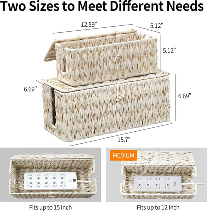 Cable Management Box,Boho Decorative Handwoven 2 Open Slots Cord Organizer Hider Box with Lid for TV Wires, Computer, Router, USB Hub and Under Desk Power Strip