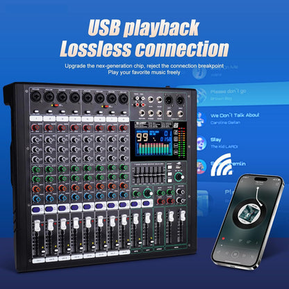 GF12 Multifunction 12 Channel Audio Mixer Stage Performance Mixer Isolated Independent Mute Built-in 7 Level Equalizer and 99 Reverb DJ Mixer for Stage Performance/Karaoke/DJ Music