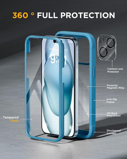 Miracase Glass Series Designed for iPhone 15 Plus Case 6.7'[only for 15 Plus] Phone Case Cover with Built-in 9H Tempered Glass Screen Protector,Blue