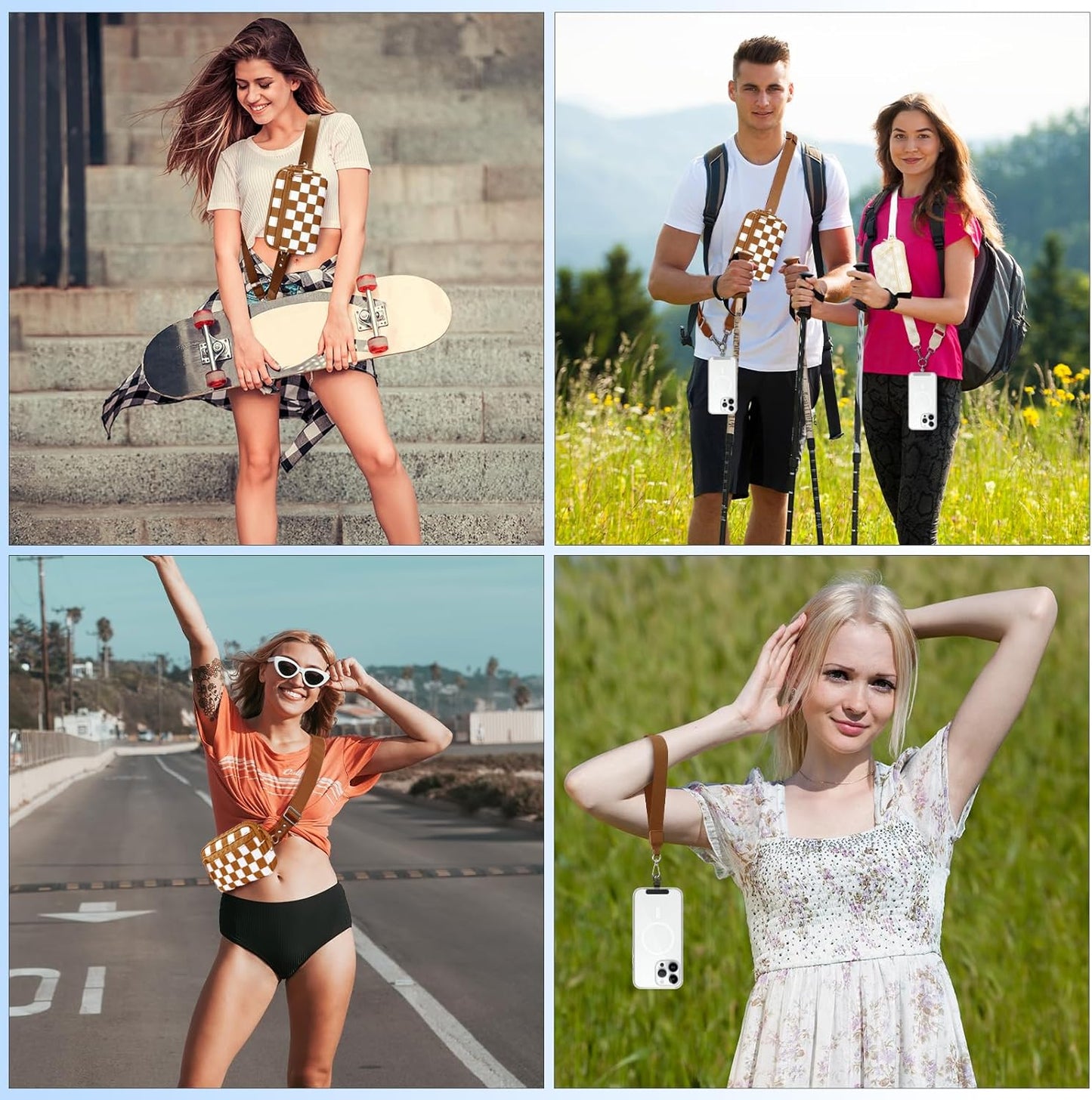 Clip and Go Strap for Phone with Wallet Crossbody, Adjustable Phone Lanyard with Detachable RFID Wristlet Wallet, Phone Strap with Phone Tabs for All Phones, Bronze Checkered (L)