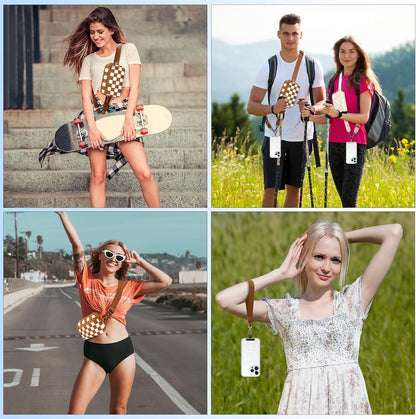 Clip and Go Strap for Phone with Wallet Crossbody, Adjustable Phone Lanyard with Detachable RFID Wristlet Wallet, Phone Strap with Phone Tabs for All Phones, Bronze Checkered (L)