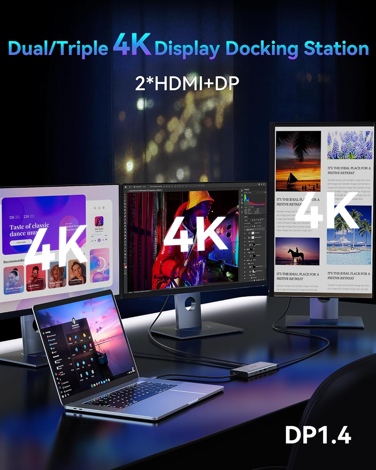 USB C Docking Station Dual Monitor for Dell/HP/Lenovo Laptop, Single 8K@30Hz/4K@120Hz, Triple 4K Display USB C Hub Multiple Adapter with 2 HDMI+DP+USB3.1+6 USB+RJ45+PD+SD/TF+Audio for iPhone 15
