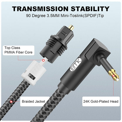 EMK Premium 90° Right-Angle Mini Toslink Cable (3Ft/1M) - 3.5mm Optical Digital Audio Cable for Sound Bars, TVs & Home Theater - SPDIF/Toslink Compatible, Black