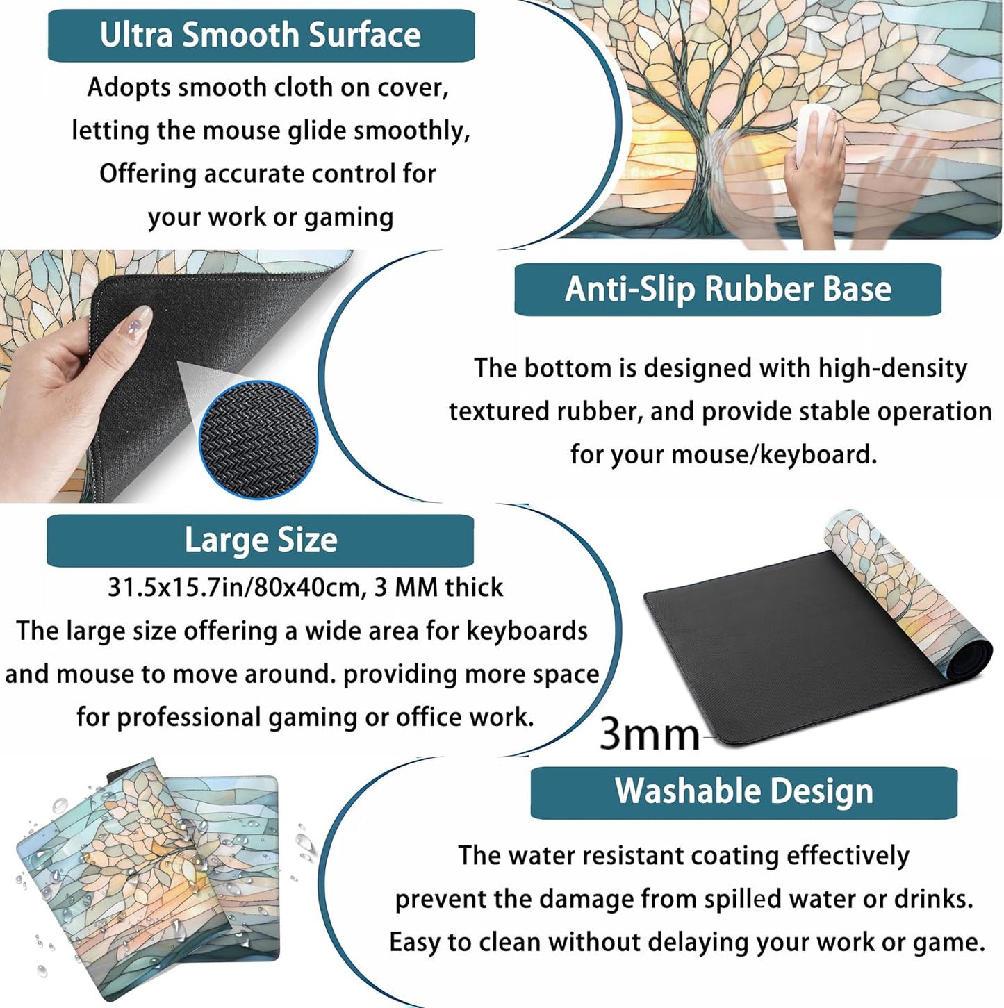 Desk Mat Cute Tree of Life Mouse Pad Gaming XXL Large Extended Desk Matt for Desktop, Faux Stained Glass Pastel Desk Pad, Laptop Computer Keyboard Mouse Mat, Office Decor Deskamt, 31.5x15.75 in