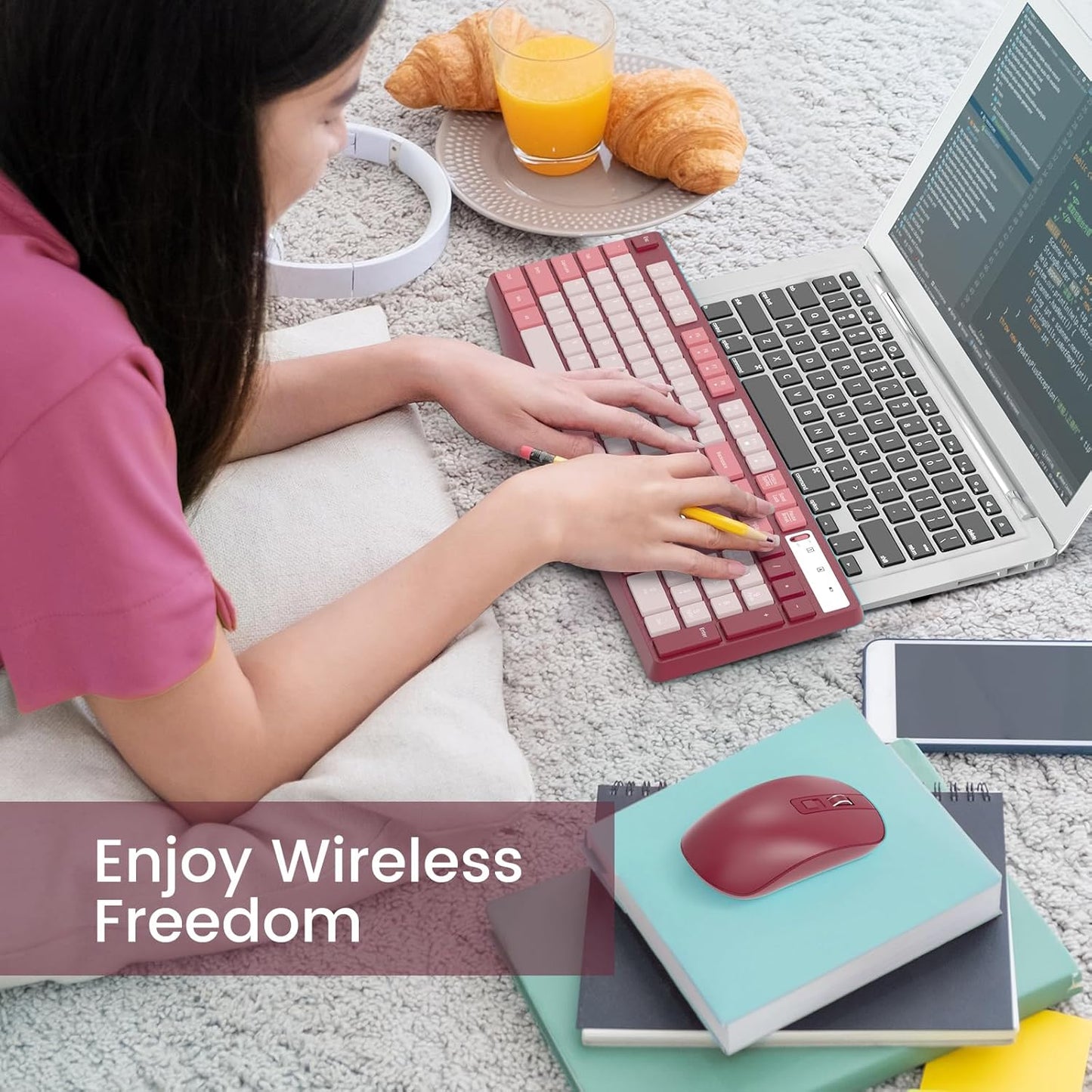 Wireless Keyboard and Mouse Combo, Lovaky 2.4G Full-Sized Ergonomic Keyboard Mouse, 3 DPI Adjustable Cordless USB Keyboard and Mouse, Quiet Click for Computer/Laptop/Windows/Mac (1 Pack, Rose)