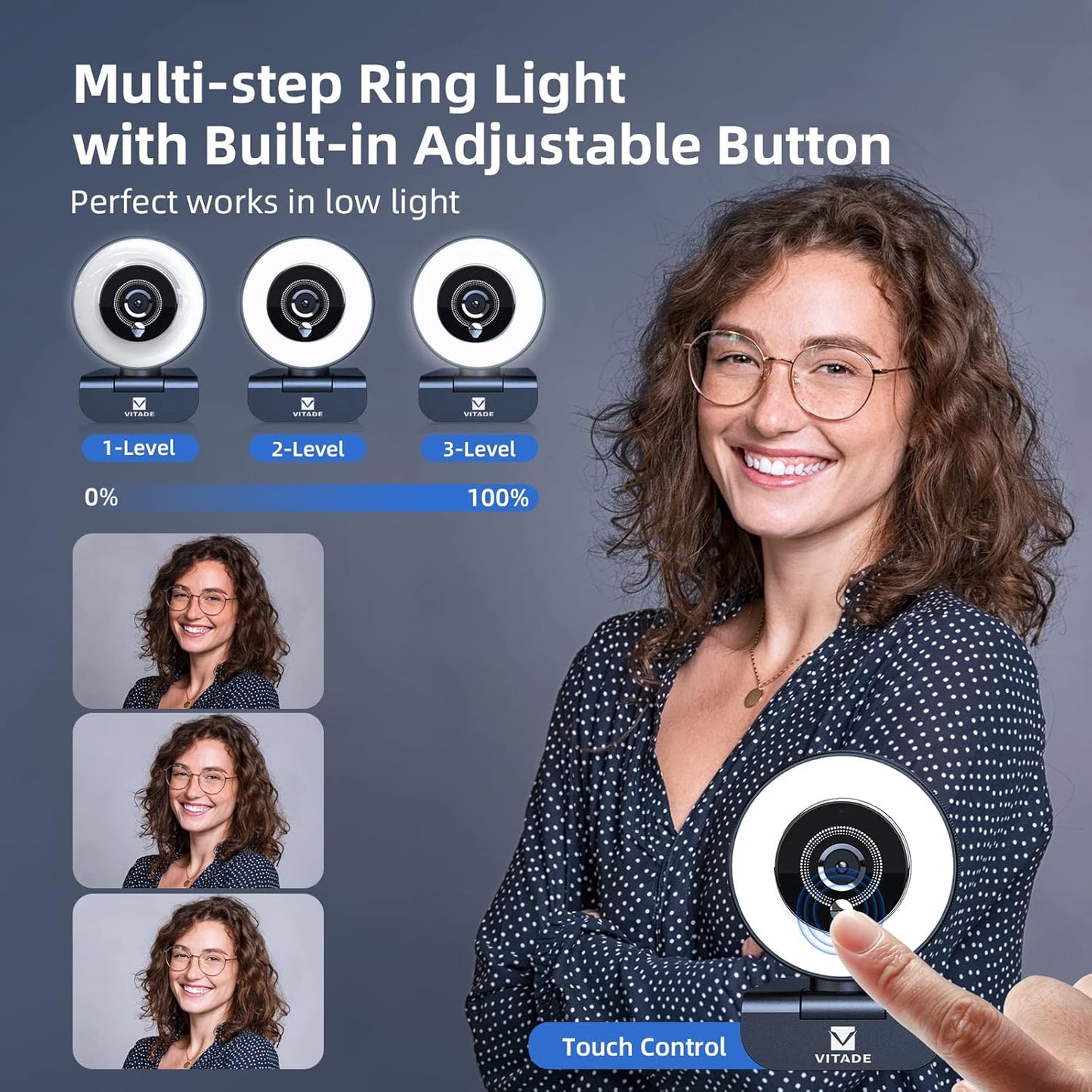 Streaming Webcam with Adjustable Ring Light, Full HD 1080P Webcam with Dual Microphones and Advanced Auto-Focus,Pro Web Camera for Online Learning, Zoom Meeting Skype Teams, Gaming Laptop