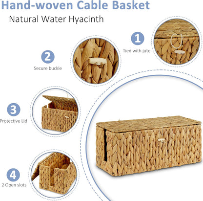 efluky Hand-Woven Cable Management Box with Lid, Water Hyacinth Cord Organizer Box to USB Wire, Power Strip & Charger, 2 Open Slots Cable Box for TV Table, Office Desk & Floor, Natural
