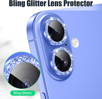 AGVEE 3+3 6 Pack for iPhone 16 6.1" / 16 Plus 6.7" Camera Lens Cover Protector, Bling Glitter & CD-Textured Metal Ring 9H Tempered HD Glass Camera Cover Protector Film, Glitter-Blue