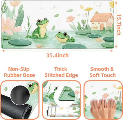 Mouse Pad Large Cute and Whimsical Frogs Non-Slip Gaming Desk Mat with Stitched Edge Laptop Keyboard Desk Pad for Work Home Gaming (35.4 x 15.7 Inches)