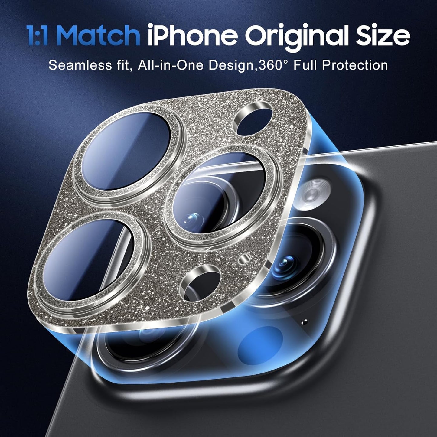 UniqueMe for 3 Pack iPhone 15 Pro/iPhone 15 Pro Max Camera Lens Protector, [Drop Protection] [Case Friendly] Camera Cover Screen [Update New Version] - Intergrated Glitter Black