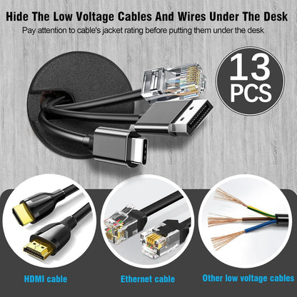 1-3/8" Black Desk Grommet with Bi-Metal Hole Saw, JTemgle Plastic Cable Hole Cover Computer Table Cord Wire Organizer Caps, Desktop Cord Management for Home Office TV Stands Tabletops, 13 Pieces