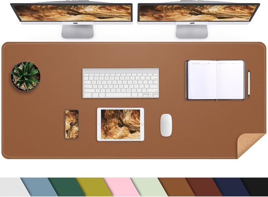 Leather Desk pad Protector, Large Desk mat with Natural Cork & PU Leather,Mouse pad,Non-Slip Office Desk Mat,Waterproof Desk Writing Pad for Office and Home (47in*17in, Brown)