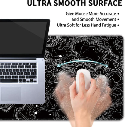 Black with White Topographic Line Large Mouse Pad,Gaming Keyboard Desk Pad,Extended Mouse Mat Non-Slip Rubber Base with Stitched Edges for Office Game Home XXL 35.4"x15.7"