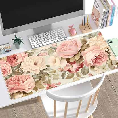 Cute Floral Desk Mat Pastel Roses Gaming Mouse Pad XXL Large Extended Flowers Desk Pad, Laptop Keyboard and Mouse Mat with Stitched Edges, Women Computer Desktop Mat Gamer Playmat 31.5x15.7 in