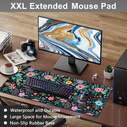 Mouse Pad, Large Colorful Flowers and Plants Desk Mat, Extended Non-Slip Gaming Keyboard Mousepad Desk Pad, Thick Stitched Edges Waterproof Mouse Mat 31.5"x15.7" (Beautiful Floral)