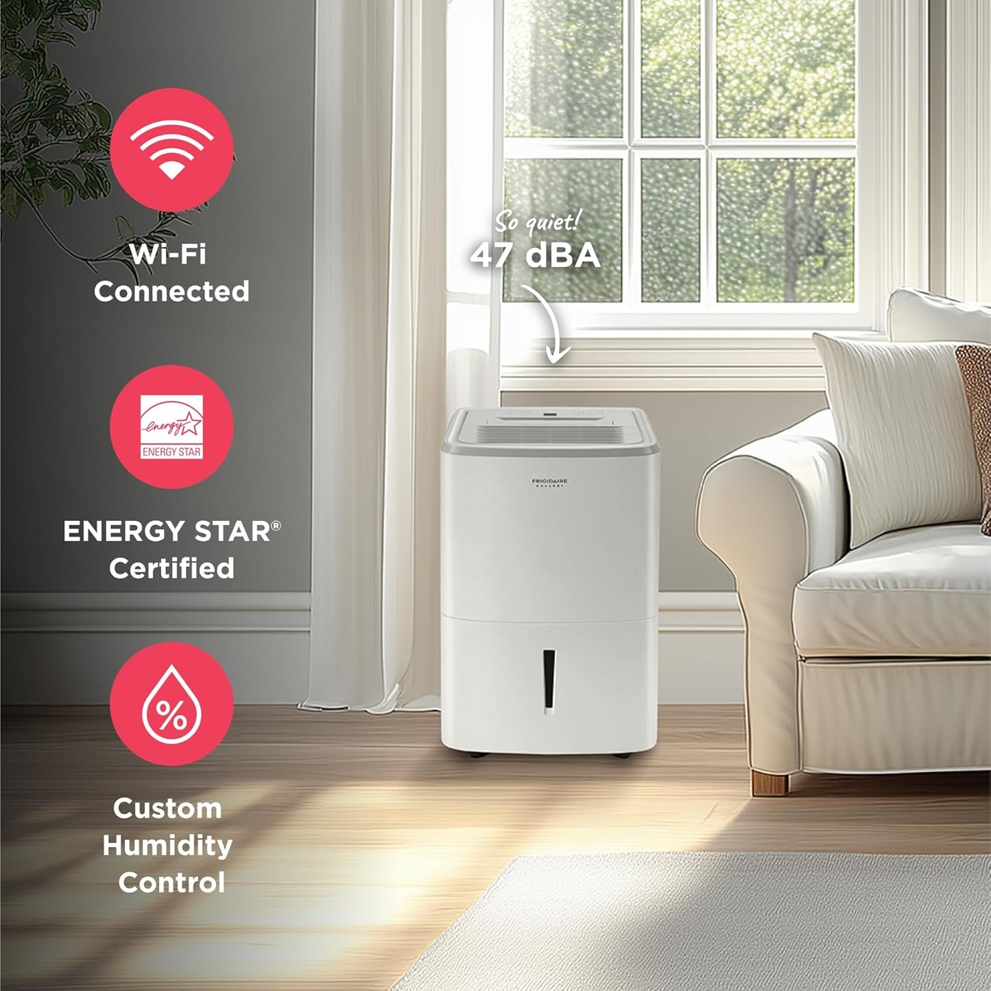 Frigidaire 50-Pint Portable Dehumidifier with Wi-Fi and Energy Star Certification for Medium/Large Rooms & Basements, Custom Humidity Control, Auto Shut Off, White