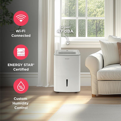 Frigidaire 50-Pint Portable Dehumidifier with Wi-Fi and Energy Star Certification for Medium/Large Rooms & Basements, Custom Humidity Control, Auto Shut Off, White