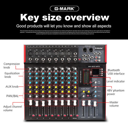 G-MARK MK800MP3 Professional Audio Mixer Sound Board 8 Channels Mixing Console with MP3 Player +48V Phantom Power Digital USB Bluetooth Reverb DJ Mixer Audio for PC Karaoke Stage Studio Recording