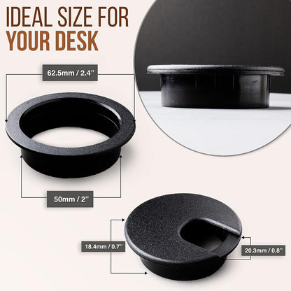 MAHDPRO Desk Grommet 2 Inch (50 mm) Pack of 10 - Black ABS Plastic Desk Cord Hole Cover to Arrange Cables & Wires Through Computer Table/Countertops
