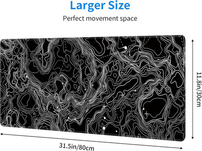Black with White Topographic Line Large Mouse Pad,Gaming Keyboard Desk Pad,Extended Mouse Mat Non-Slip Rubber Base with Stitched Edges for Office Game Home XL 31.5"x11.8"