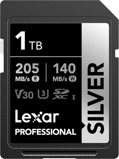 Lexar 1TB Professional Silver SD Card, UHS-I, C10, U3, V30, 4K, Up to 205/140 MB/s SDXC Memory Card, for Professional Photographer, Videographer, Enthusiast (LSDSILV001T-BNNNU)