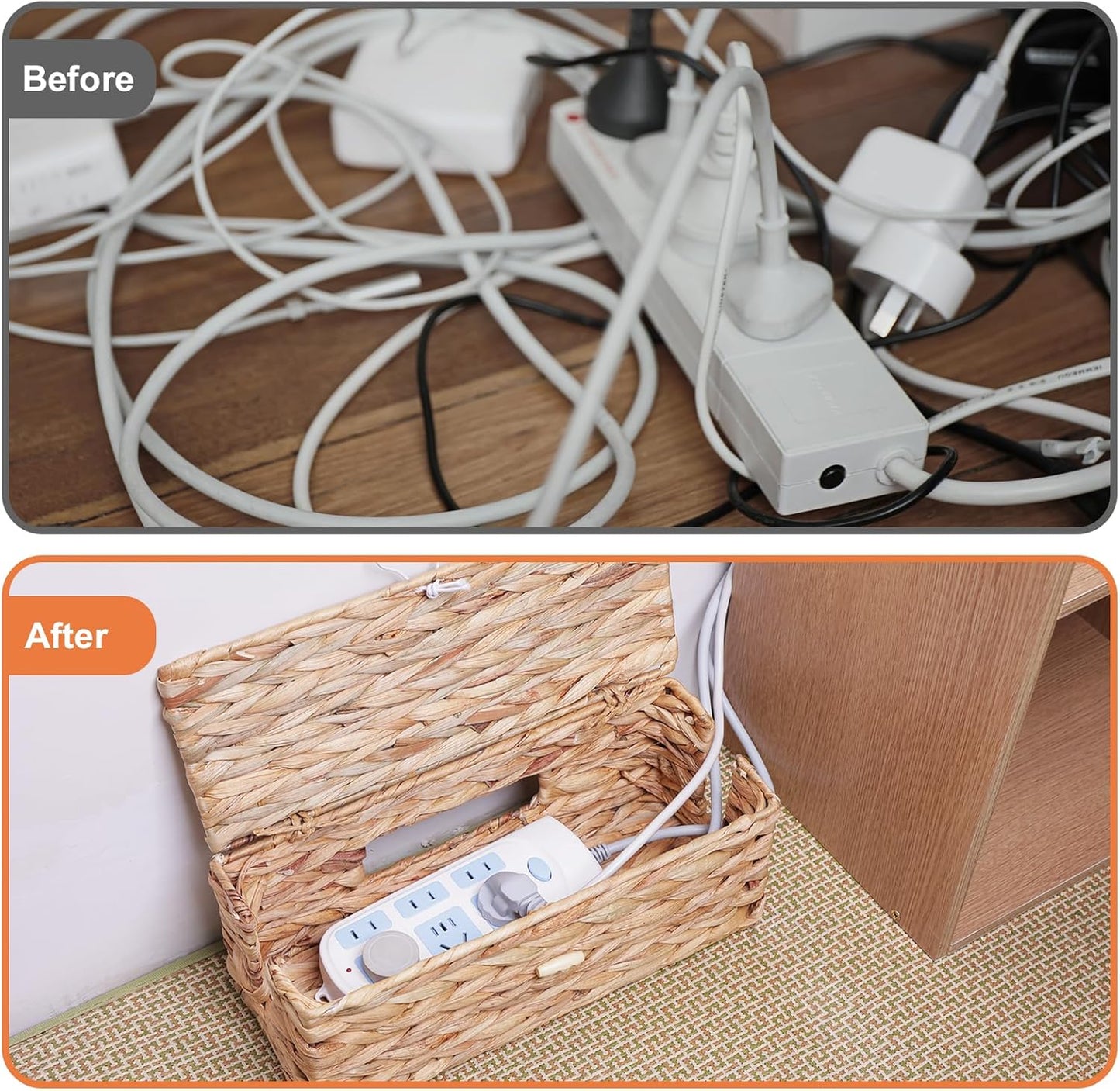 Cable Management Box, Handwoven Water Hyacinth Cable Organizer Box Set, 2-Pack Natural Water Hyacinth Cord Hider Box with Dual Openings & Lid - Hide Power Strips, Cords for Desk/Floor/Office