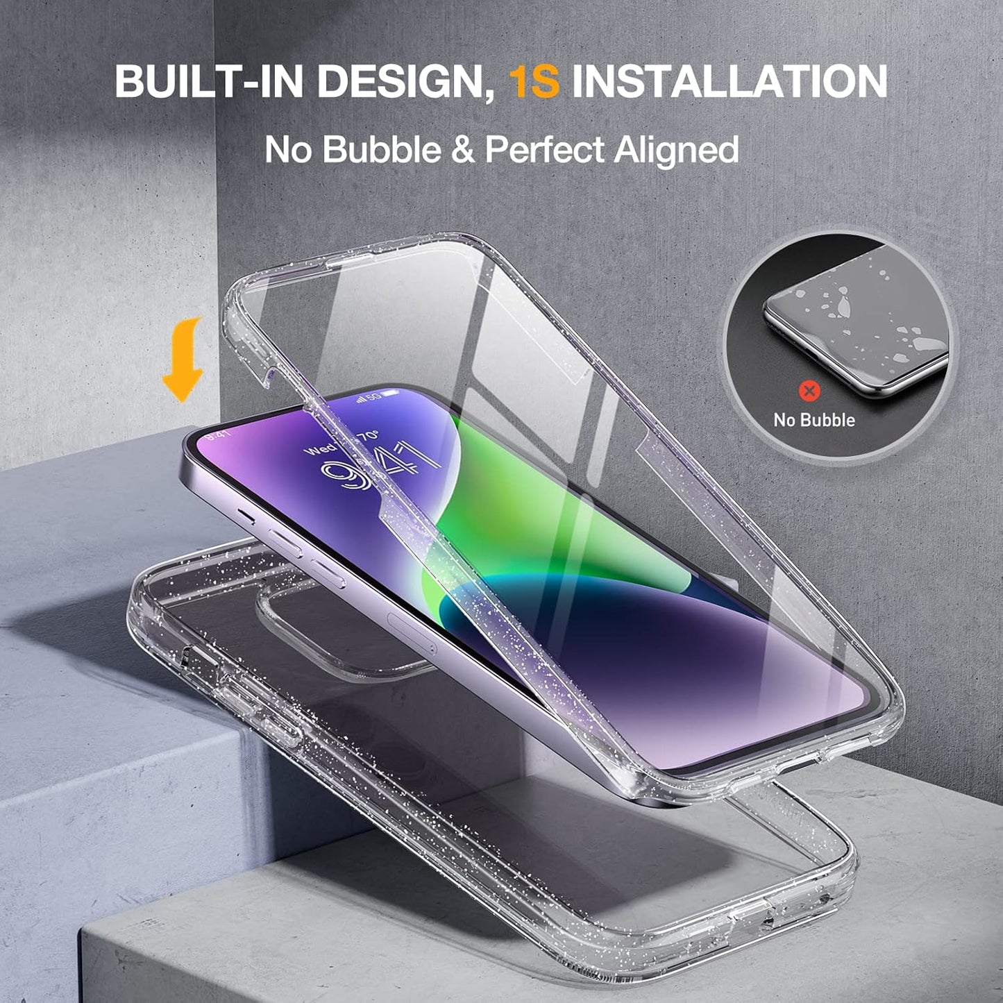 Miracase Designed for iPhone 14 Case 6.1 inch, [Built-in Tempered Glass Screen Protector] [Bubble Free] Full-Body Protective Bumper Phone Case with Camera Lens Protector, Clear Glitter