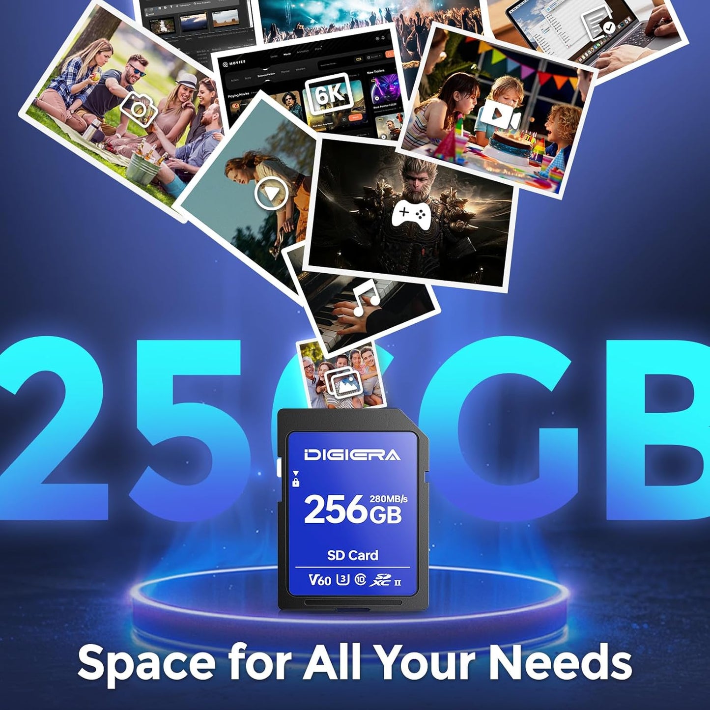 256GB LSU100 SDXC UHS-II Memory Card - up to 280MB/s, C10, U3, V60, 6K, SD Card for Computers, Digital Cameras, Home Theatre Devices, Car Navigation Systems (1 Pack)