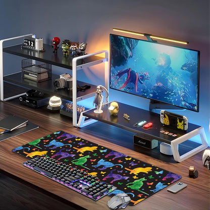 Colorful Cats and Butterflies Desk Mat,Large Watercolor Kittens Butterfly Gaming Keyboard Mouse Pad,Non-Slip Rubber Base Desk Pad Thick Stitched Edges Waterproof Mousepad Mouse Mat 31.5"x11.8"
