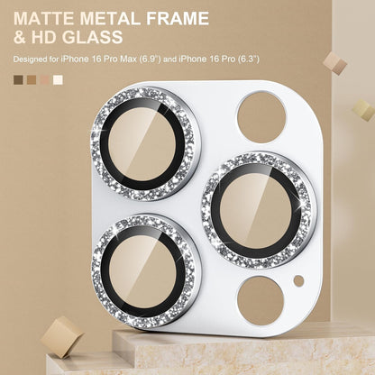 beuxece Compatible for iPhone 16 Pro/iPhone 16 Pro Max Camera Lens Protector, Bling Metal Tempered Glass Camera Screen Cover Accessories [Strong Adsorption][Case-Friendly]- Glitter Titanium Silver