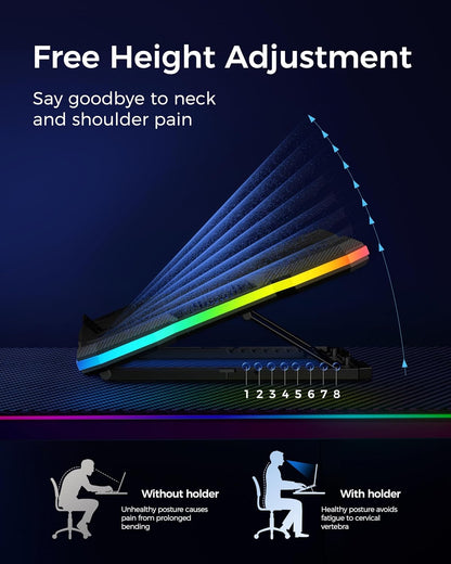 ChillCore Laptop Cooling Pad, RGB Lights Laptop Cooler 9 Fans for 15.6-19.3 Inch Laptops, Gaming Laptop Fan Cooling Pad with 8 Height Stands, 2 USB Ports - A21 Blue