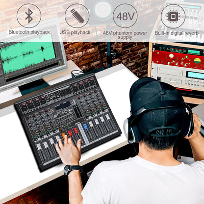 Audio Mixer 8 Channel, DJ Mixer Board with Power Amplifier, Audio Sound Card with 48V Phantom Power, Usb Audio Interface, Sounds Mixer Board with 99 DSP FX Reverb Delay Effect for Streaming