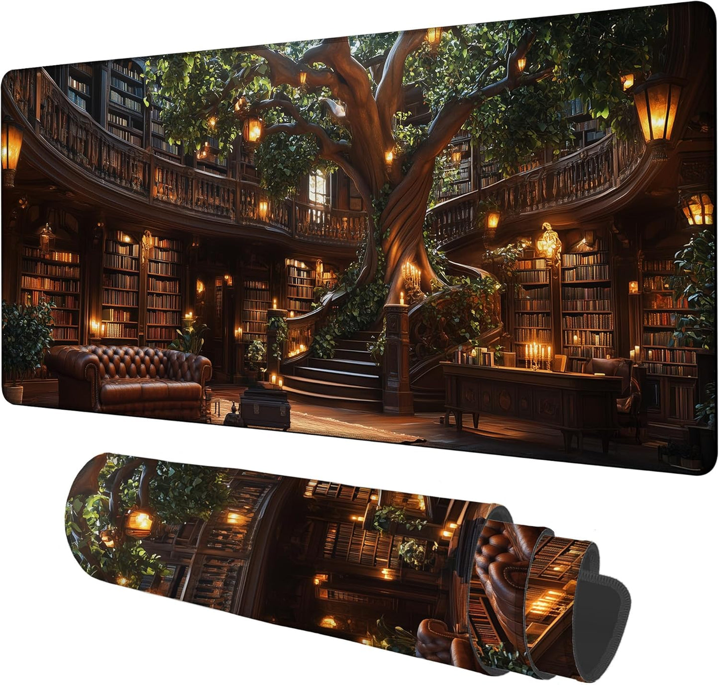 Large Mouse Pad Old Library Gaming Desk Pad Computer Keyboard Non-Slip Waterproof Mouse Mat with Rubber Base and Stitched Edges Entertainment Office Writing Desk Mat 35.4 x 15.7 Inches