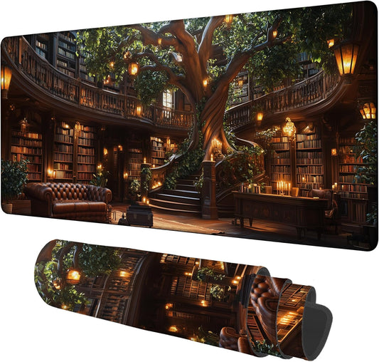 Large Mouse Pad Old Library Gaming Desk Pad Computer Keyboard Non-Slip Waterproof Mouse Mat with Rubber Base and Stitched Edges Entertainment Office Writing Desk Mat 35.4 x 15.7 Inches